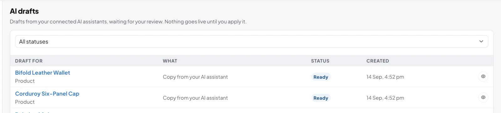 GoSell AI drafts: product copy from a connected AI assistant waiting for review