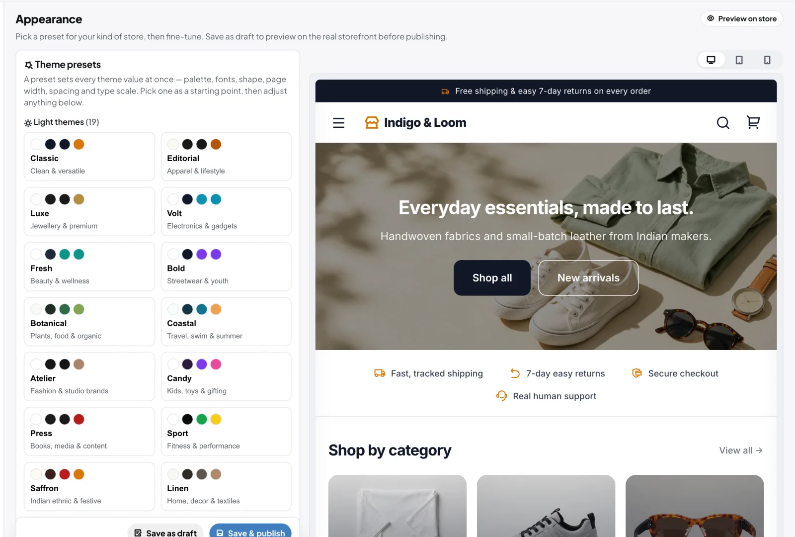 GoSell theme editor with presets and a live preview of the store