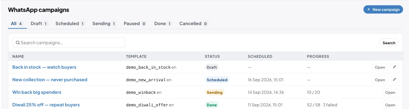 GoSell WhatsApp campaigns with scheduled, sending and completed broadcasts