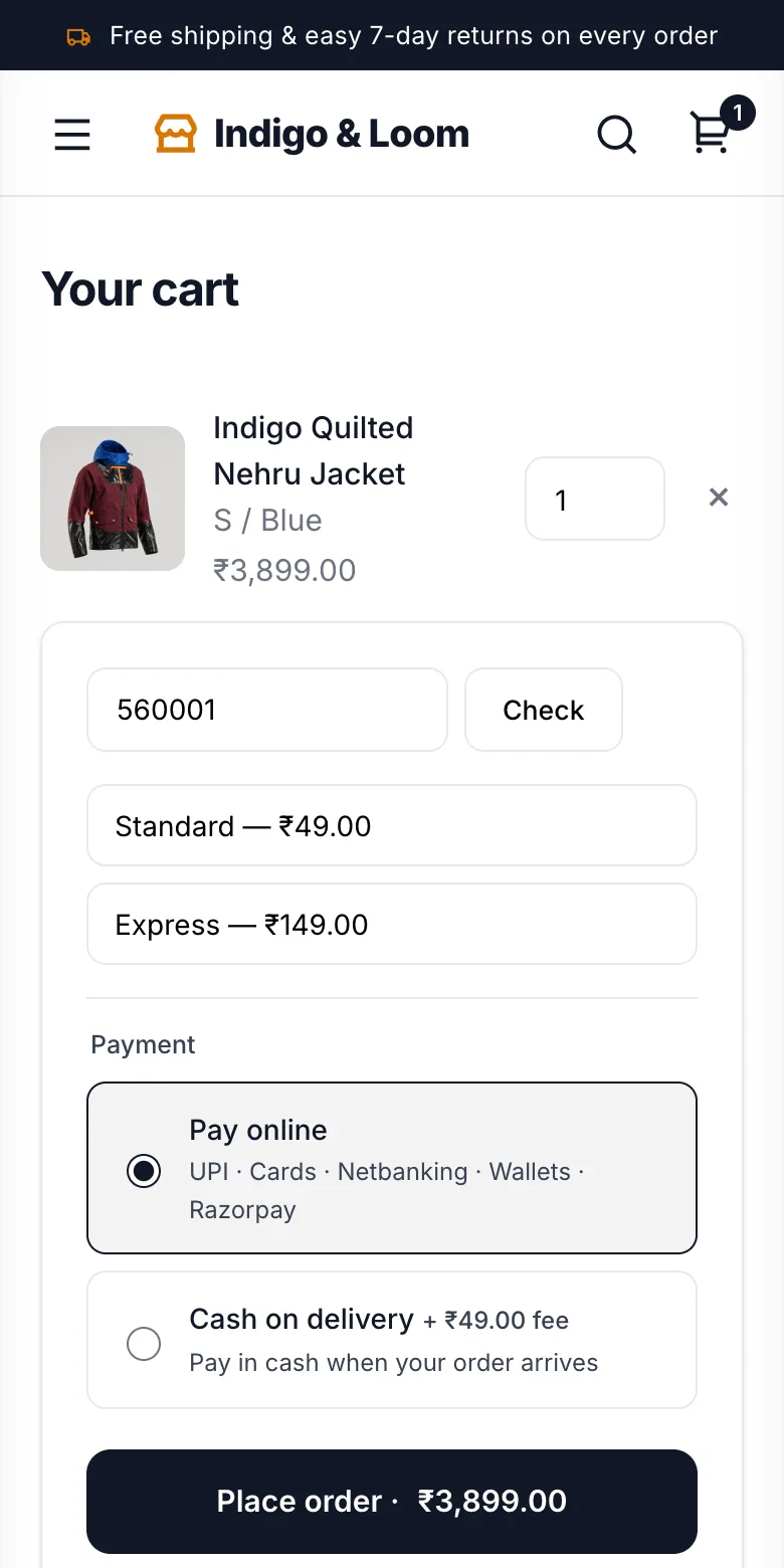 GoSell checkout on a phone: pincode check, delivery options, pay online with UPI or cash on delivery