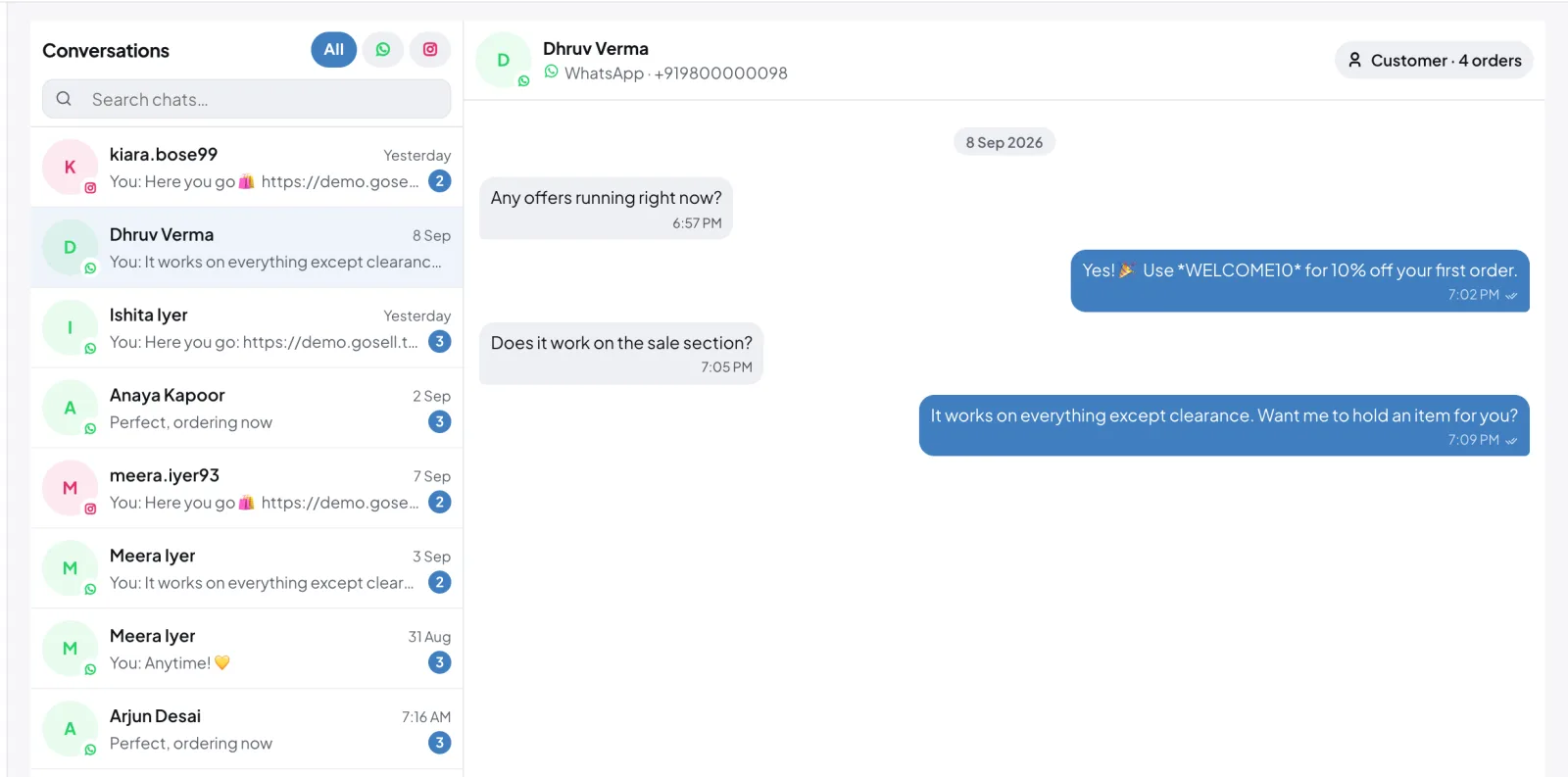 GoSell inbox with a WhatsApp conversation and the customer's order count