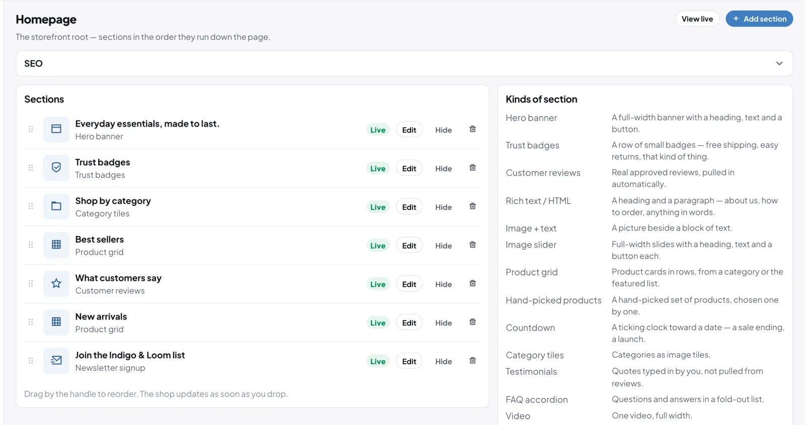 GoSell homepage builder with sections and the section library
