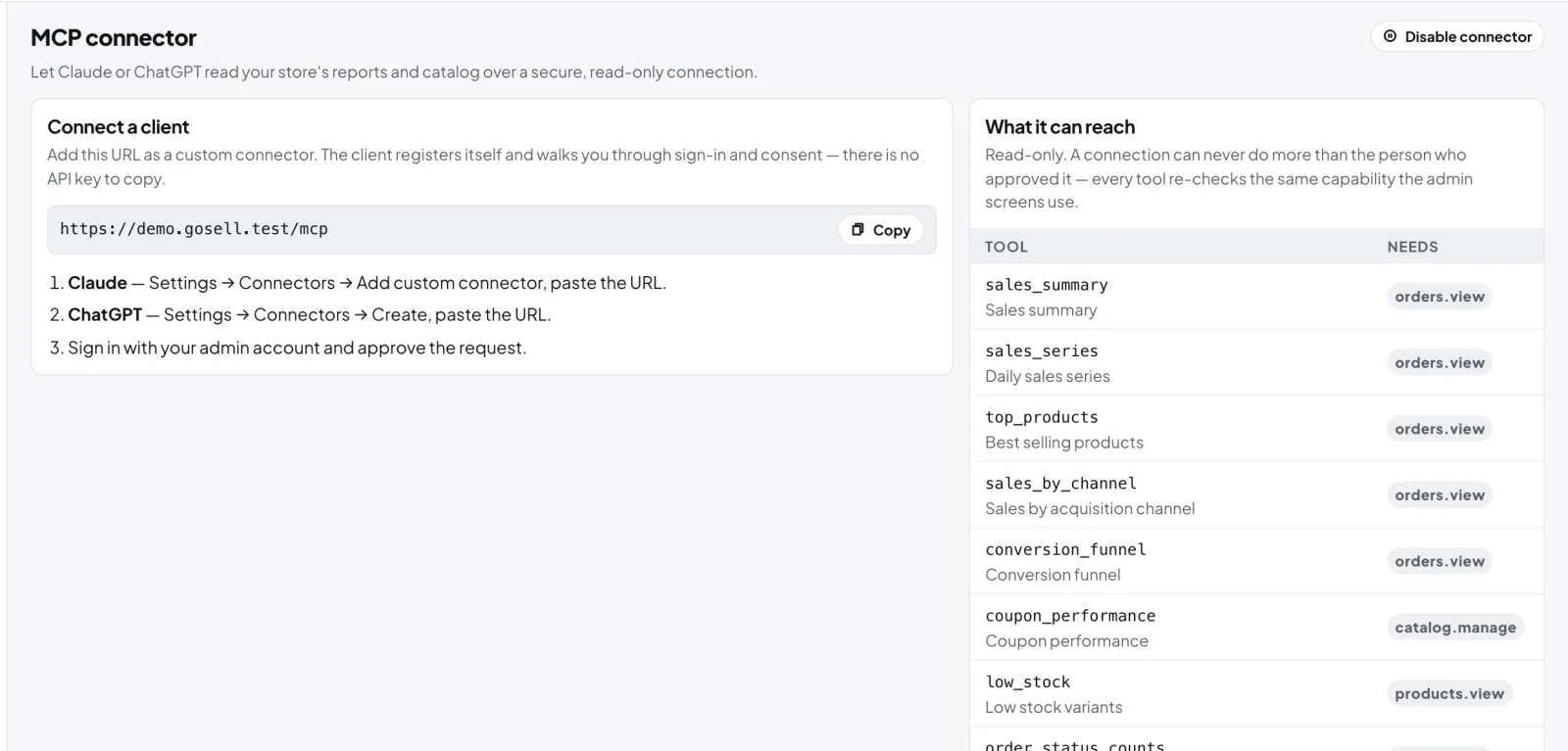 GoSell MCP connector settings for connecting Claude or ChatGPT, and the tools an assistant can use