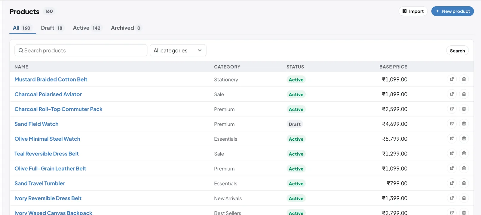 GoSell product list with categories, status and prices