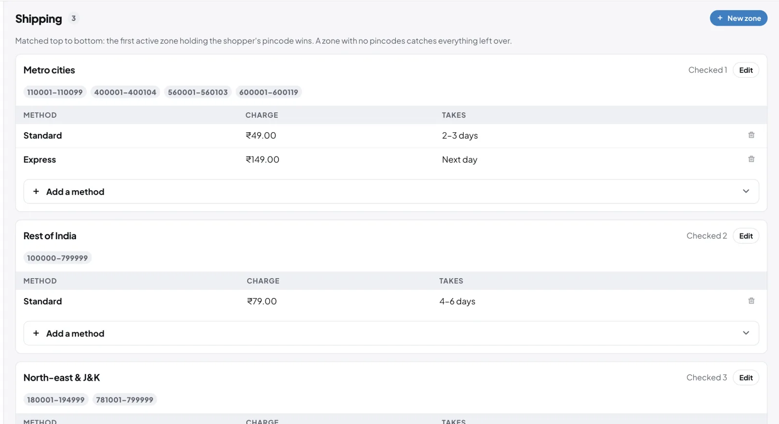 GoSell shipping zones with pincode ranges, delivery charges and delivery times